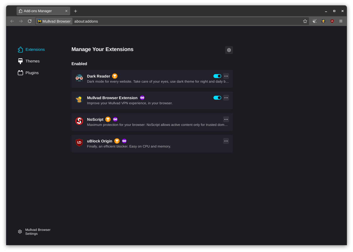 a screenshot of mullvad browser add-ons manager page with four extensions installed and enabled