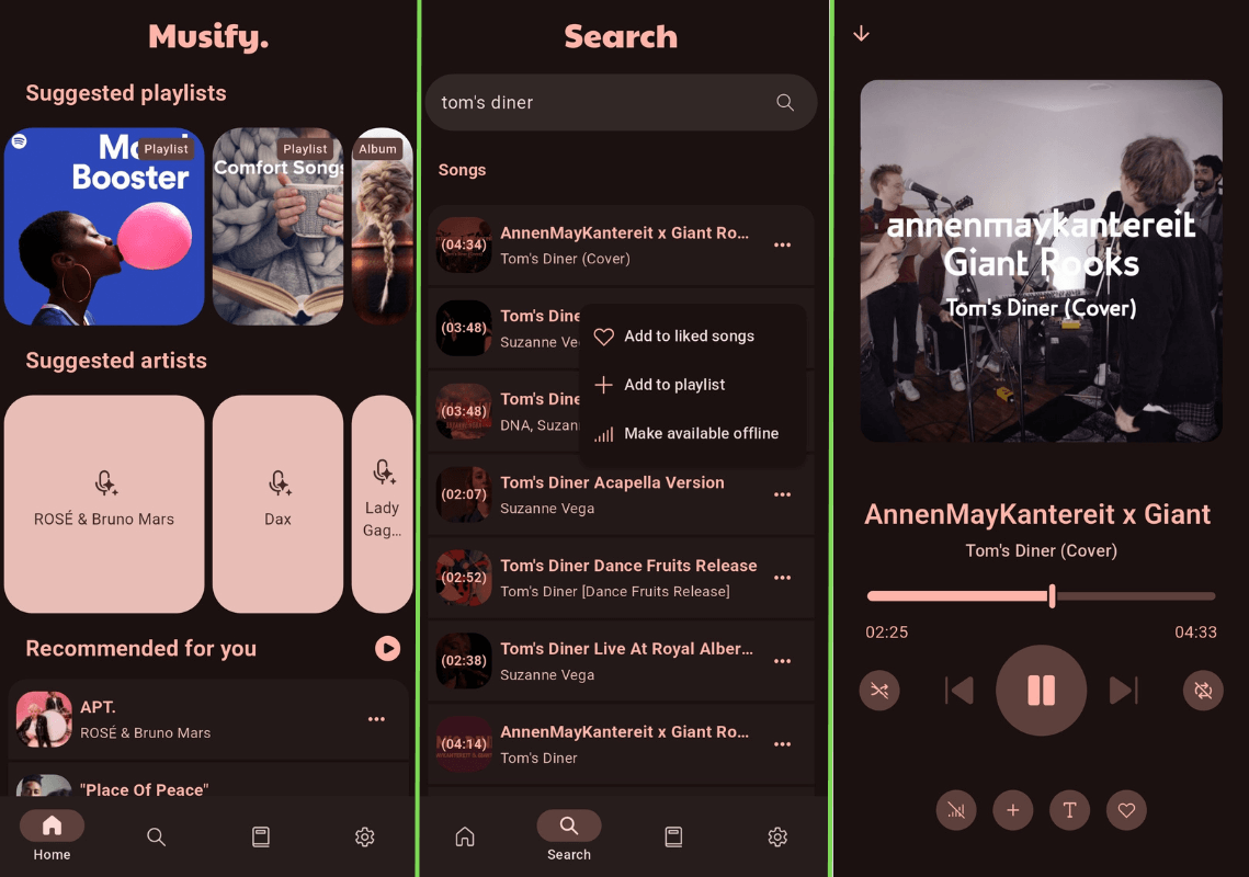 a photo that shows three horizontally arranged screenshots of musify that show the homepage, the search page, and the music player