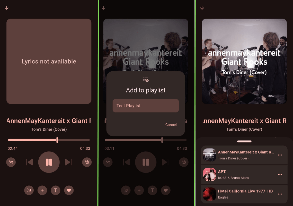 a photo that shows three horizontally arranged screenshots of musify's music player interface, the add to playlist functionality, and the queue page