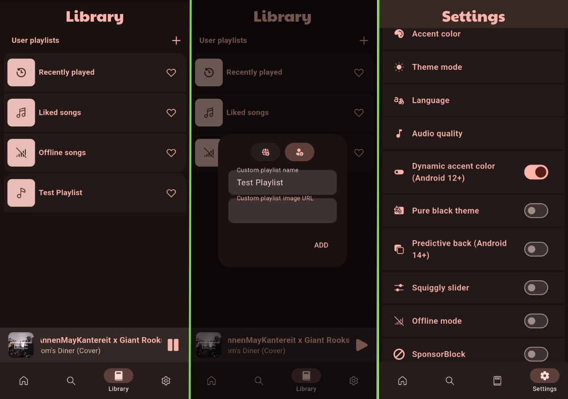 a photo that shows three horizontally arranged screenshots of musify that show the library page, the new playlist creation flow, and the settings page