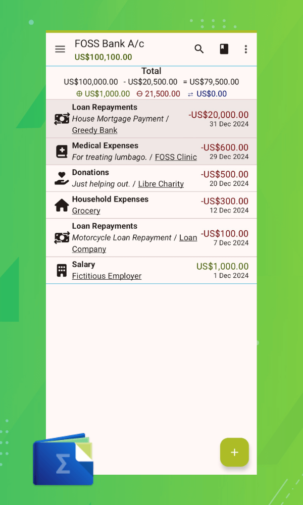 a screenshot of my expenses app against a mixed green abstract backdrop with some fictitious transactions being shown and the my expenses logo at the bottom left