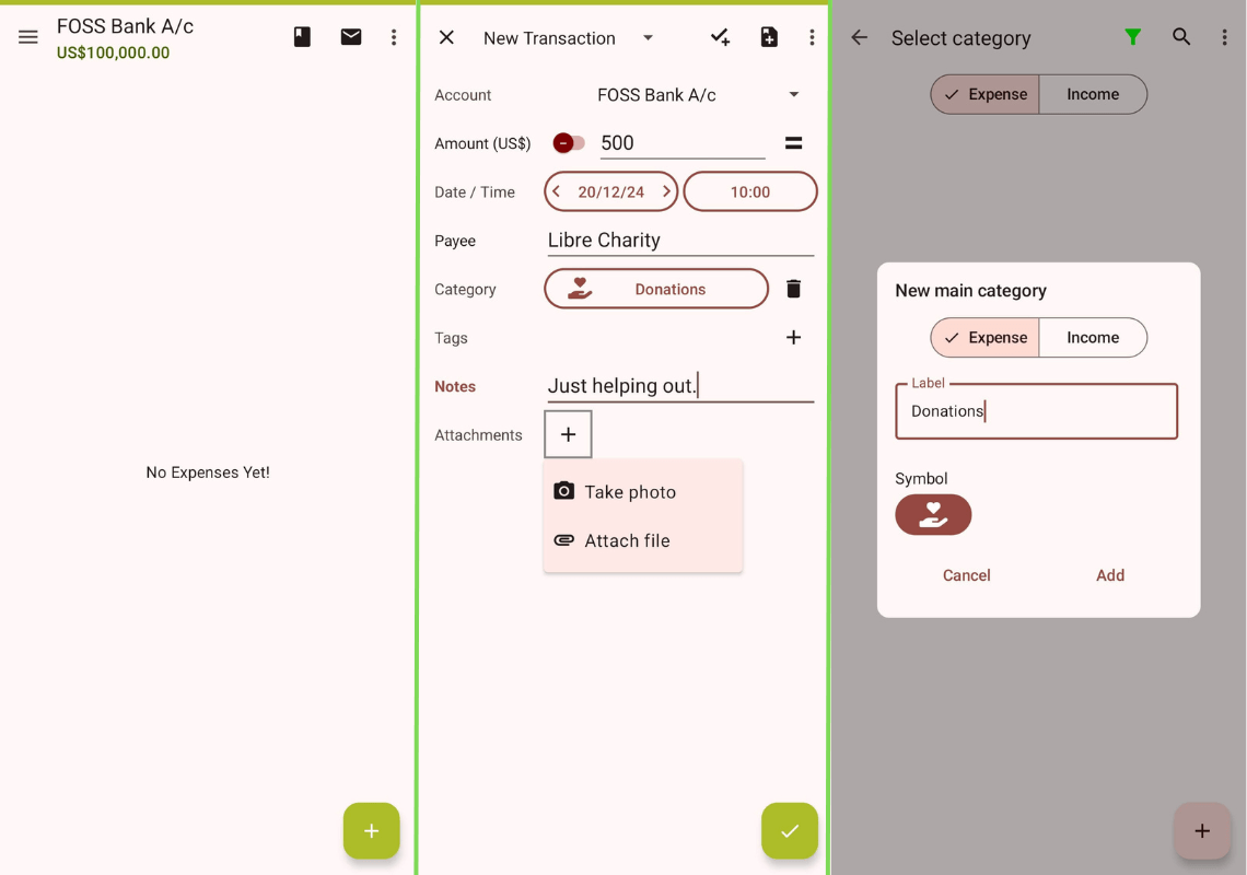 a screenshot of my expenses app with an empty home page, the new transaction editor, and the new main category editor