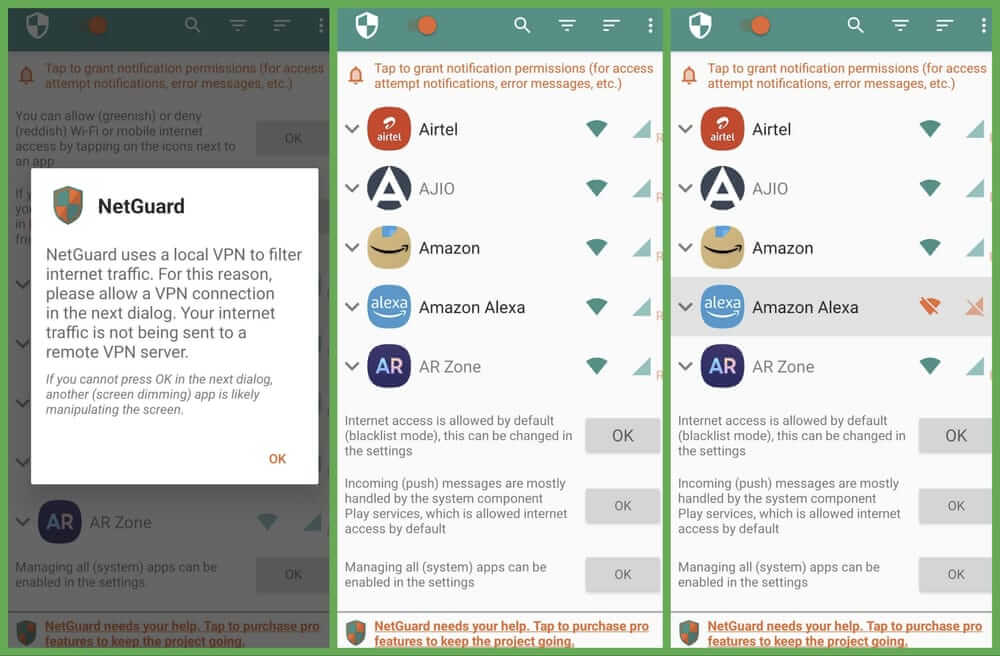 three horizontally-arranged screenshots of netguard app on android