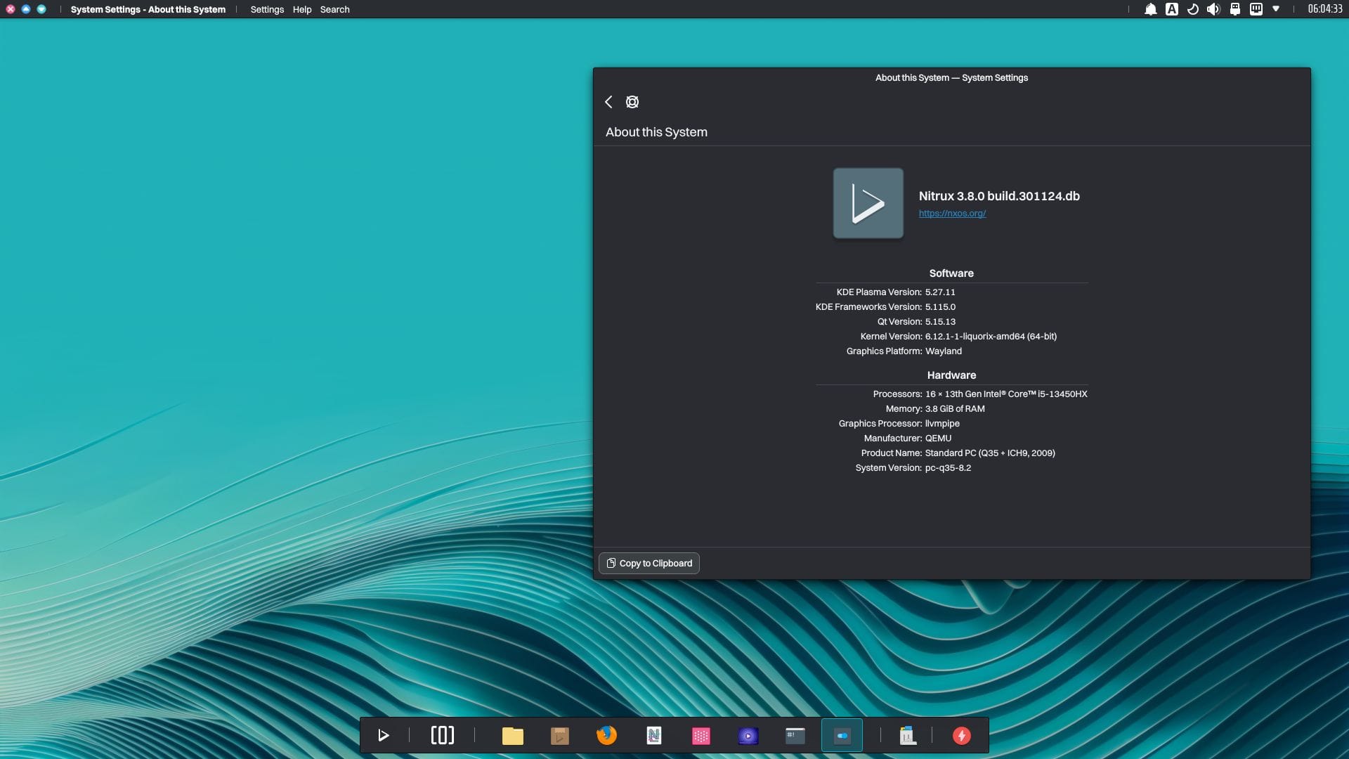 a screenshot of nitrux 3.8.0 desktop view with about this system dialog open