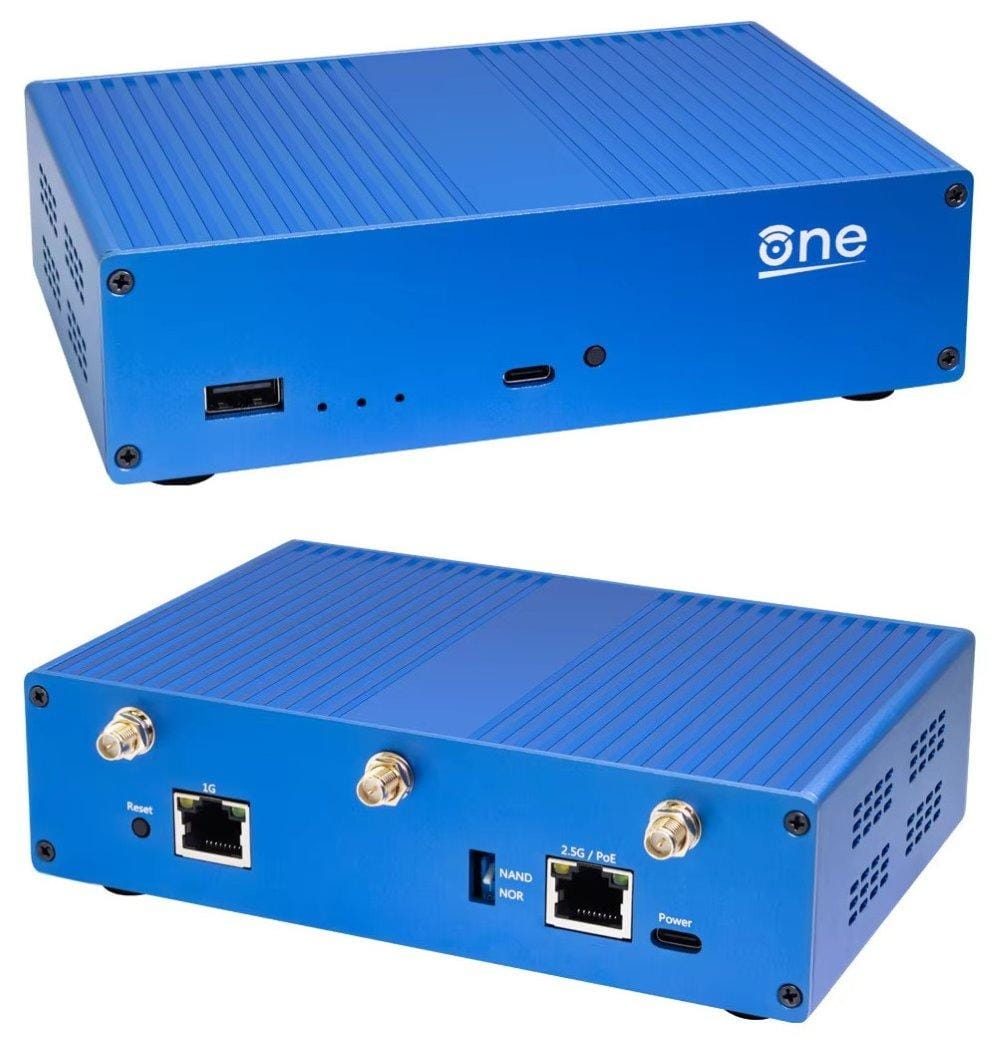 a photo that shows the front and back sides of the openwrt one router with enclosure variant