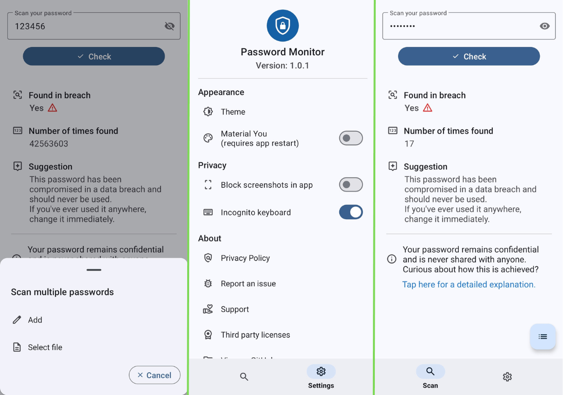 three horizontally-arranged screenshots of password monitor app on android