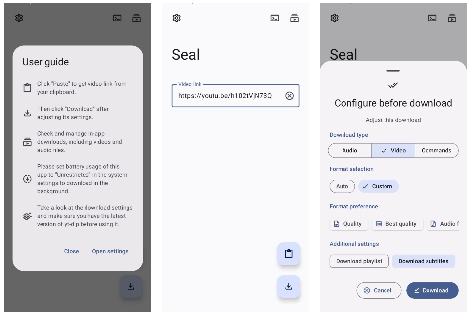 three horizontally-arranged screenshots of seal app on android