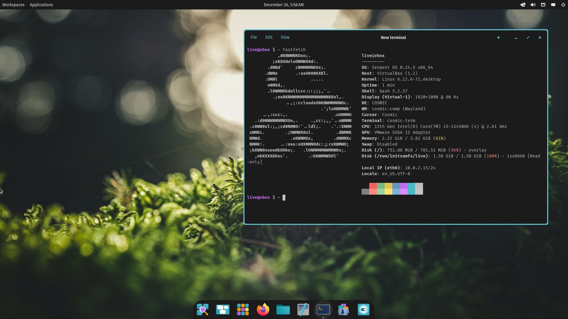 a screenshot of serpent os alpha release running a pre-release version of cosmic desktop environment with a fastfetch output open in the terminal