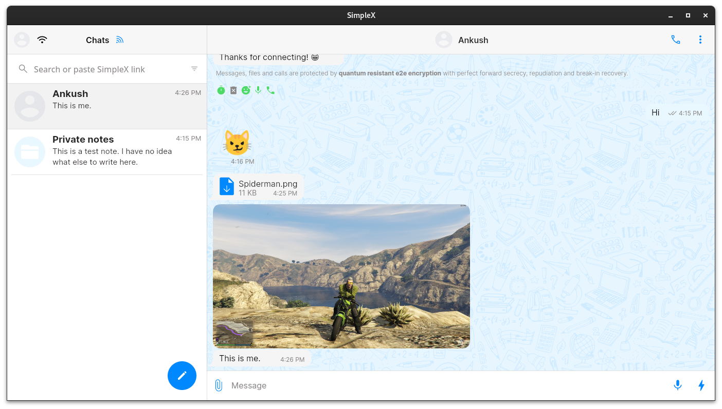 a screenshot of the simplex chat desktop client running on fedora 40 with a chat open with some messages and photos