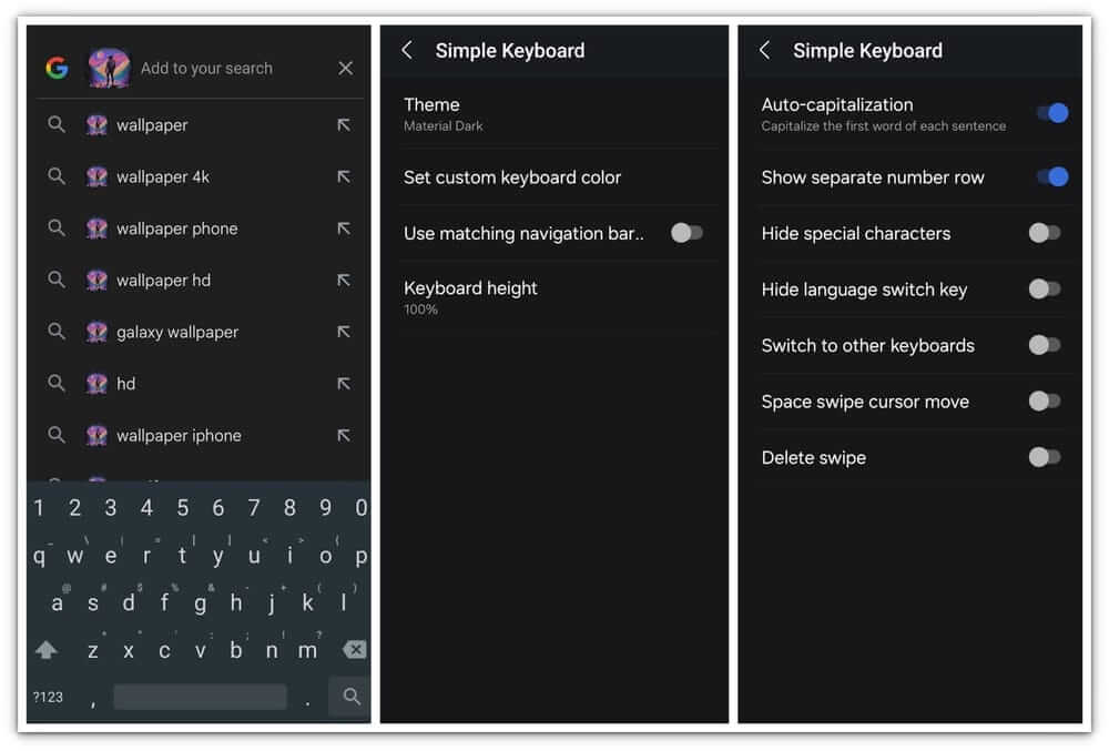 three horizontally-arranged screenshots of simple keyboard app on android