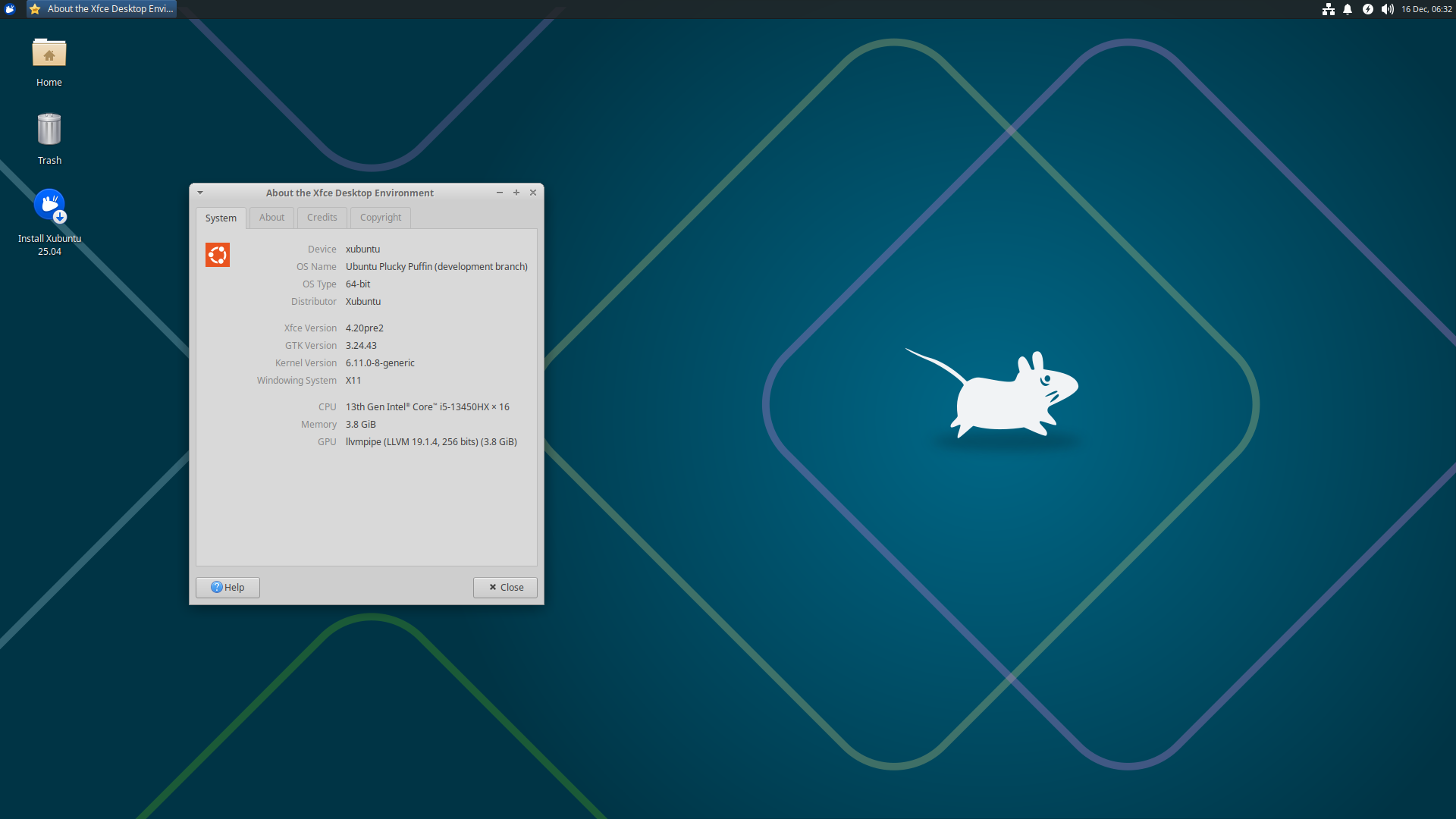 a screenshot of a daily build of xubuntu 25.04 running xfce 4.20 pre2