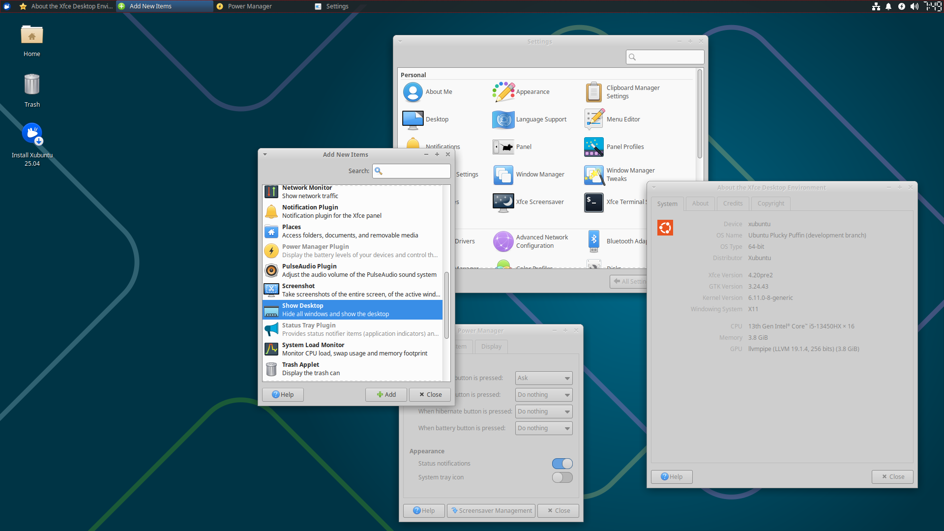 a screenshot of a screenshot of a daily build of xubuntu 25.04 running xfce 4.20 pre2 with many xfce apps open