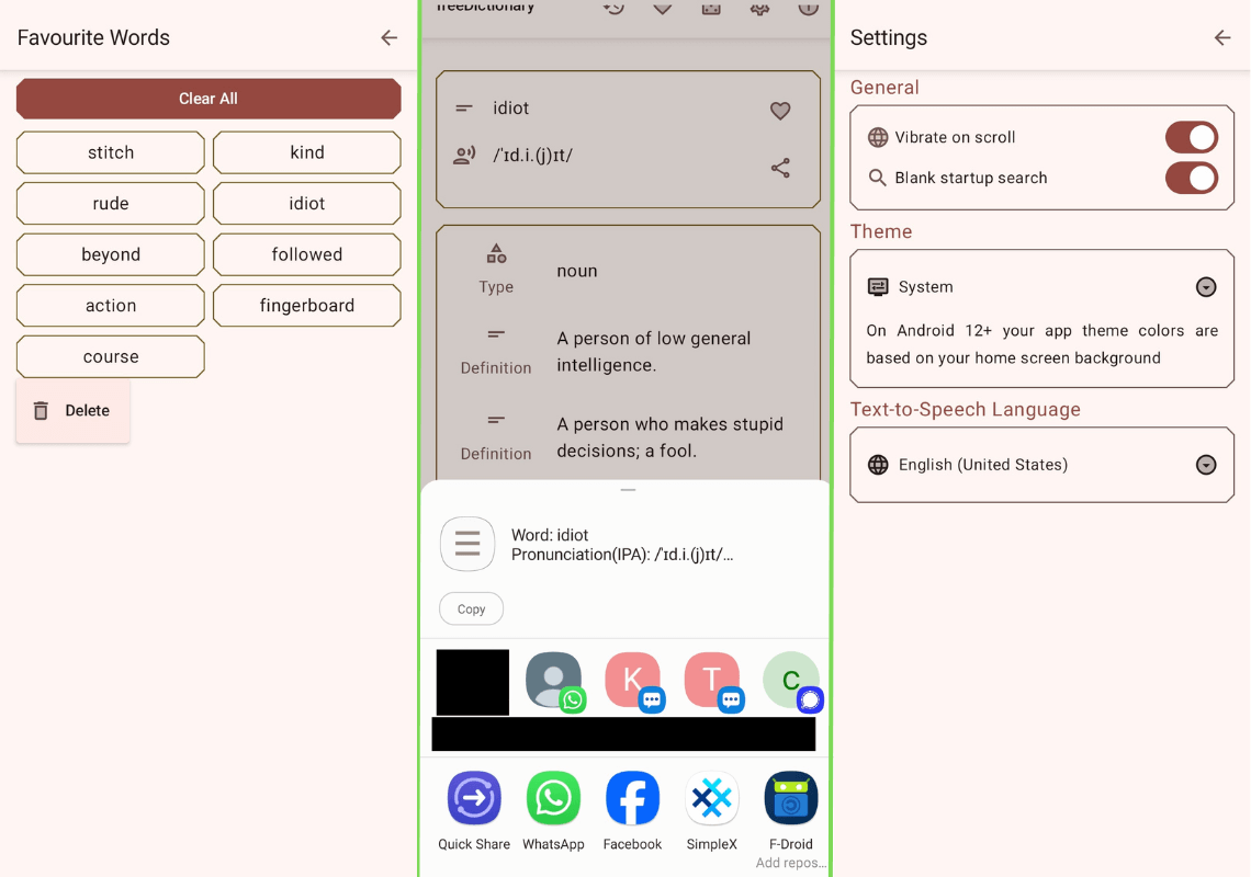 three horizontally arranged screenshots of freedictionaryapp that shows the favourite words page, the share word functionality in action, and the settings page for the app