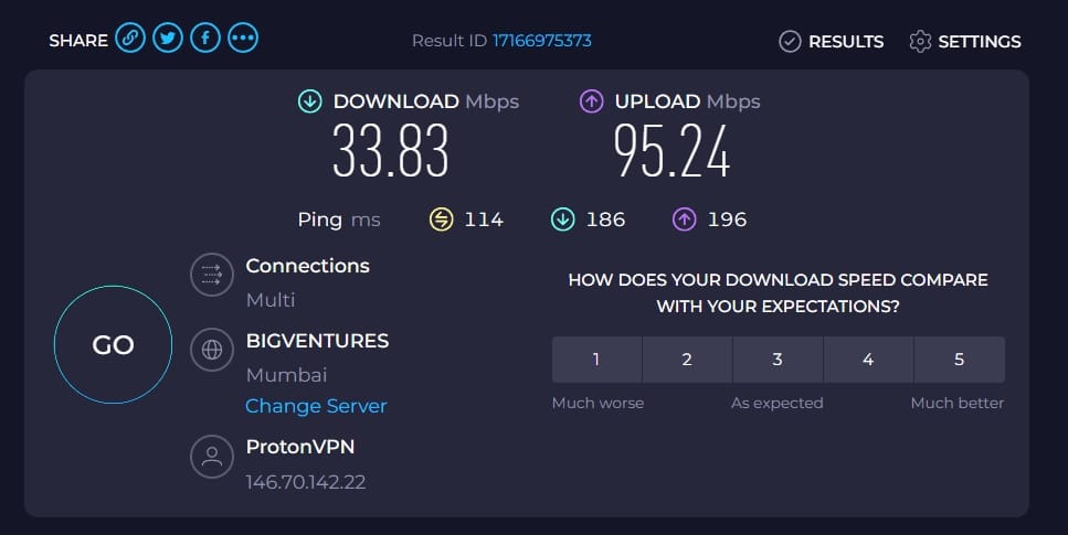 protonvpn speedtest screenshot with 33 Mbps download speed and 95 Mbps upload for singapore server