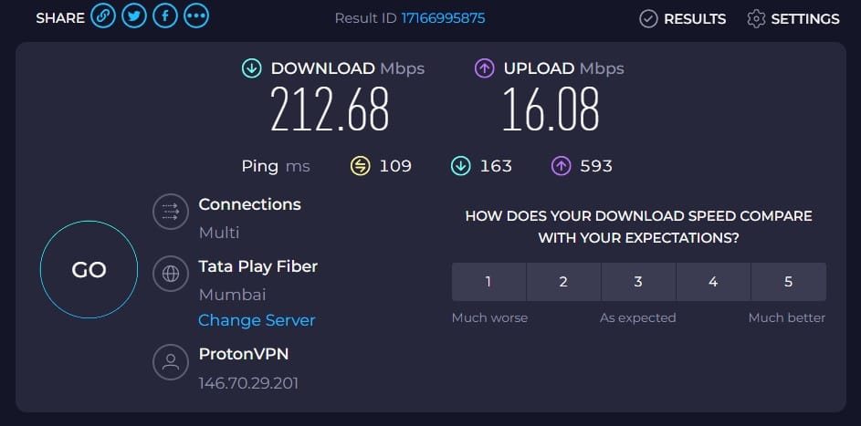 protonvpn speedtest screenshot with 212 Mbps download speed and 16 Mbps upload for singapore server