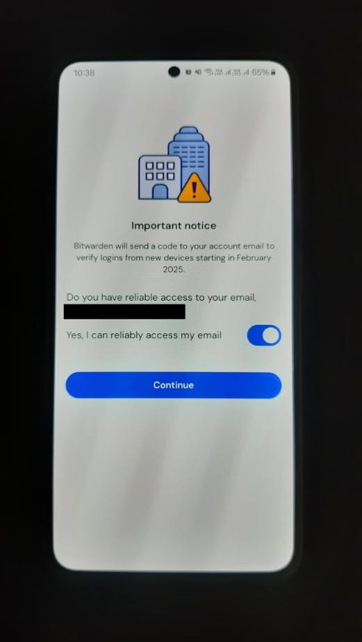 a photo that shows an important notice for bitwarden sending a code to email addresses to verify logins from new devices starting february 2025