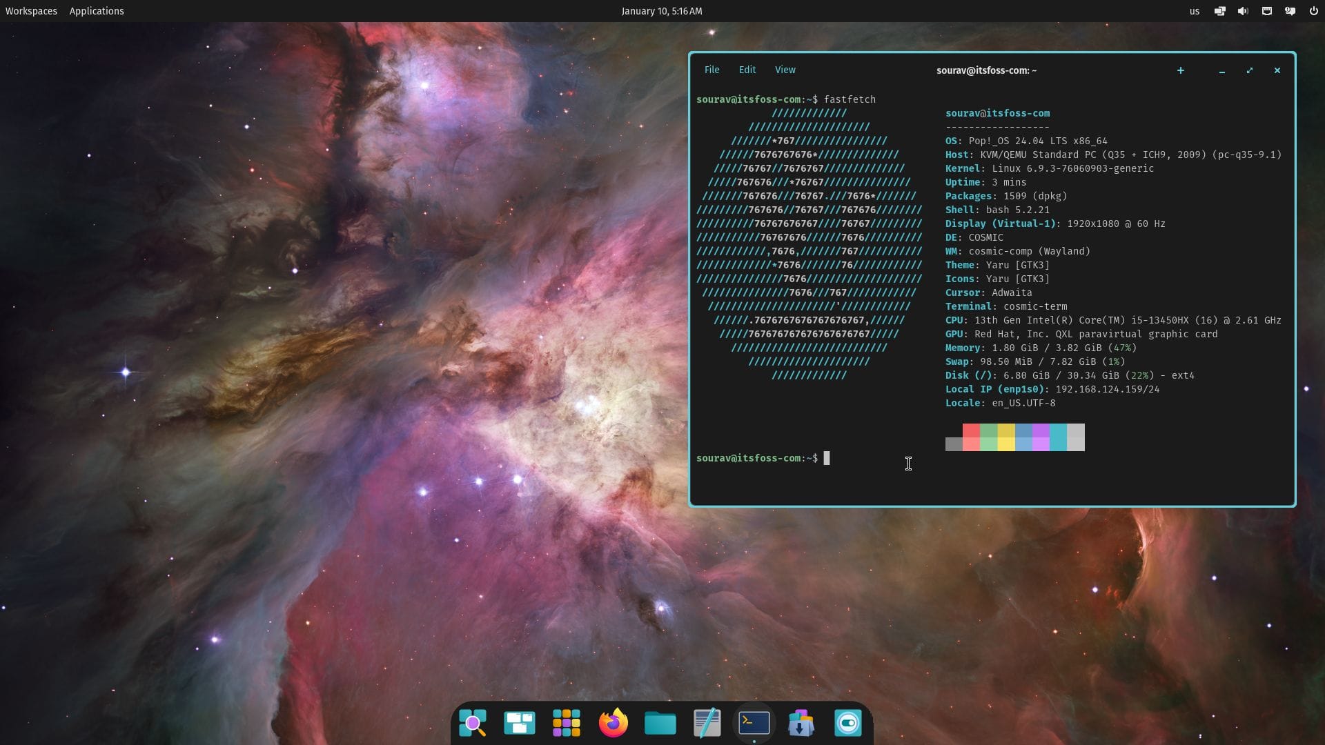 a screenshot of cosmic alpha 5 running on pop!_os 24.04 alpha with the fastfetch output being shown towards the right