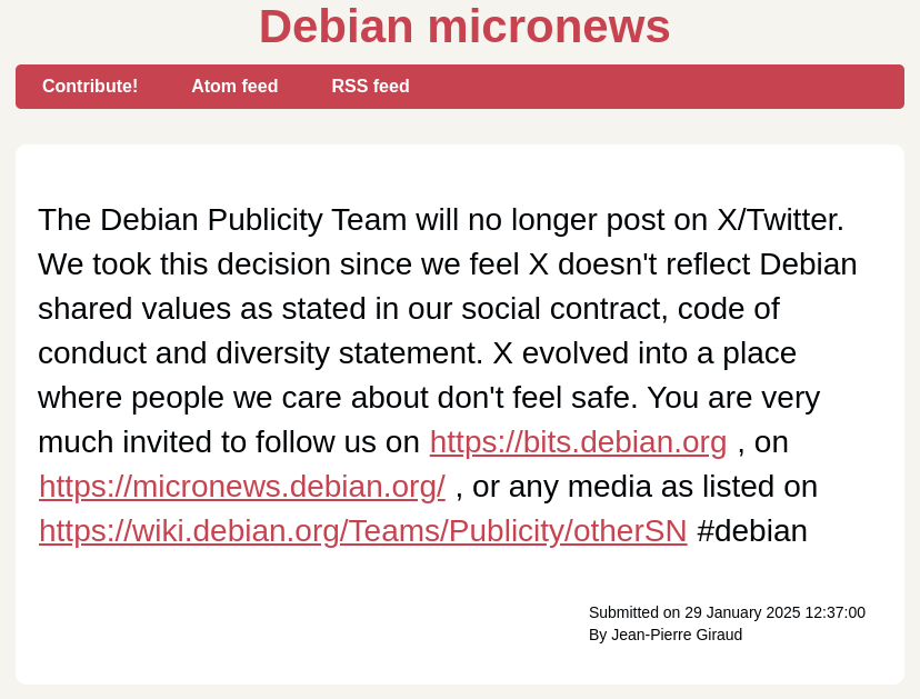 a screenshot of debian's annoucement stating that they wont be posting on x/twitter anymore