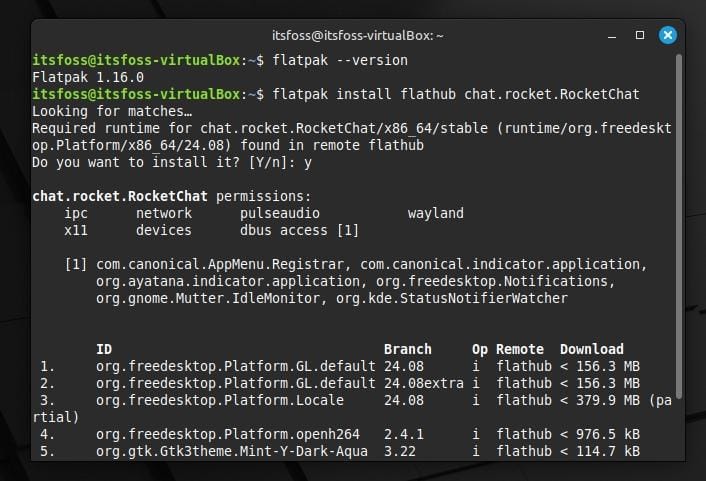 a screenshot of a terminal window that shows the flatpak version to be 1.16.0 and a flatpak install command for installing rocketchat