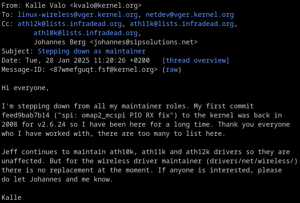 a screenshot of kalle valo's farewell post on the linux kernel wireless mailing list