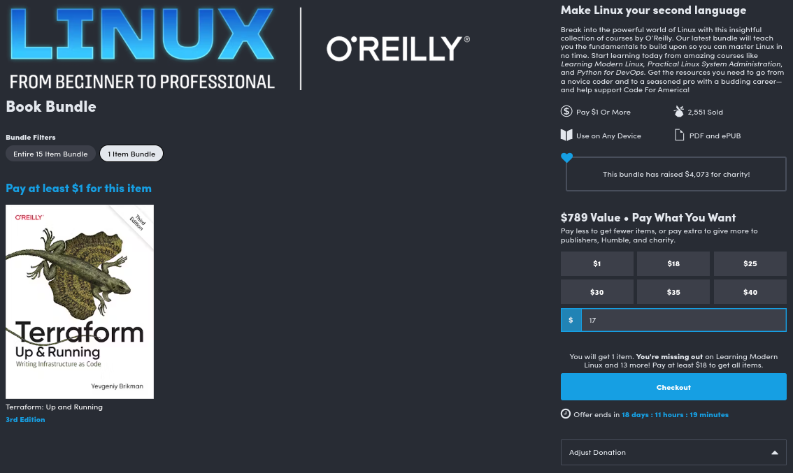 a screenshot of the linux from beginner to professional by o'reilly bundle on the humble bundle website 