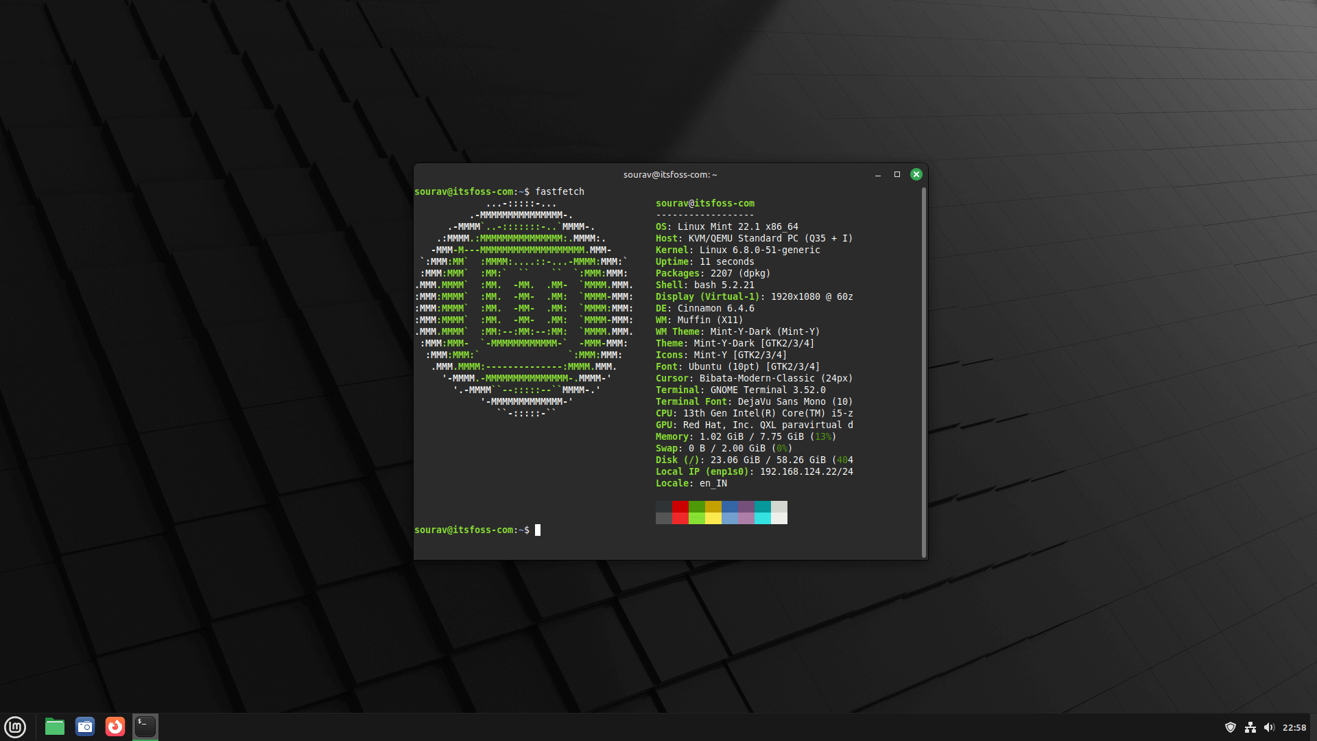 a screenshot of linux mint 22.1 fastfetch output