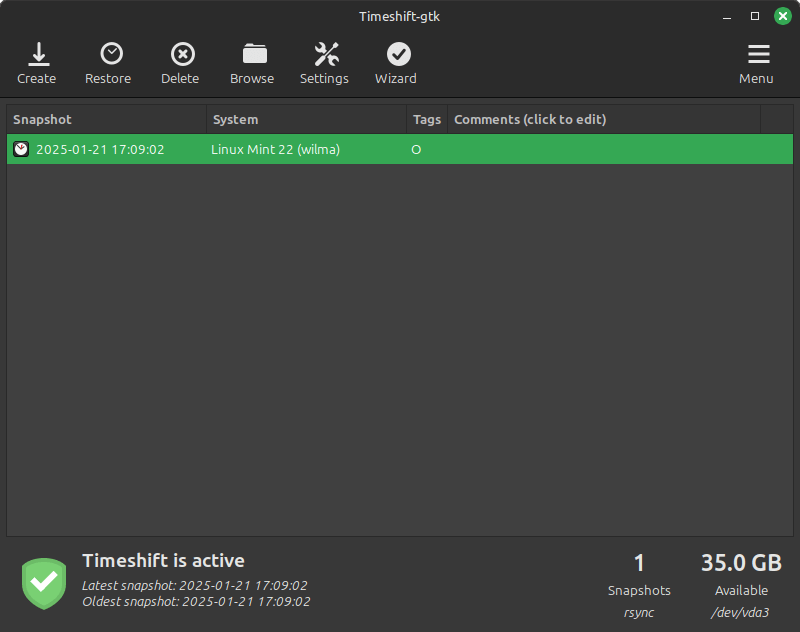 a screenshot of timeshift on linux mint 22