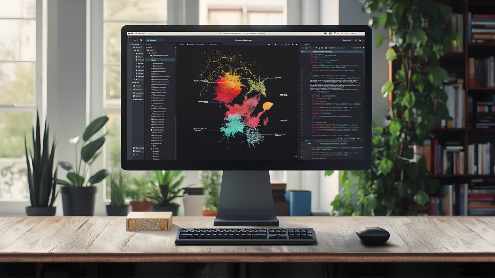 a photo that shows the nvidia project digits supercomputer placed on a table besides a monitor, keyboard, and mouse, the background has some indoor plants and a bookshelf near a tall window