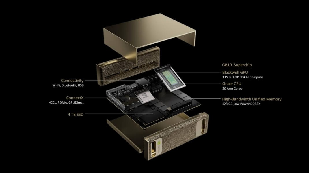 an illustration that shows an exploded view of nvidia project digits with key features being pointed out