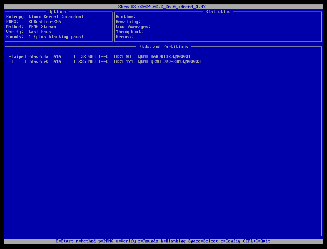 a screenshot of shredos running on a virtual machine on fedora