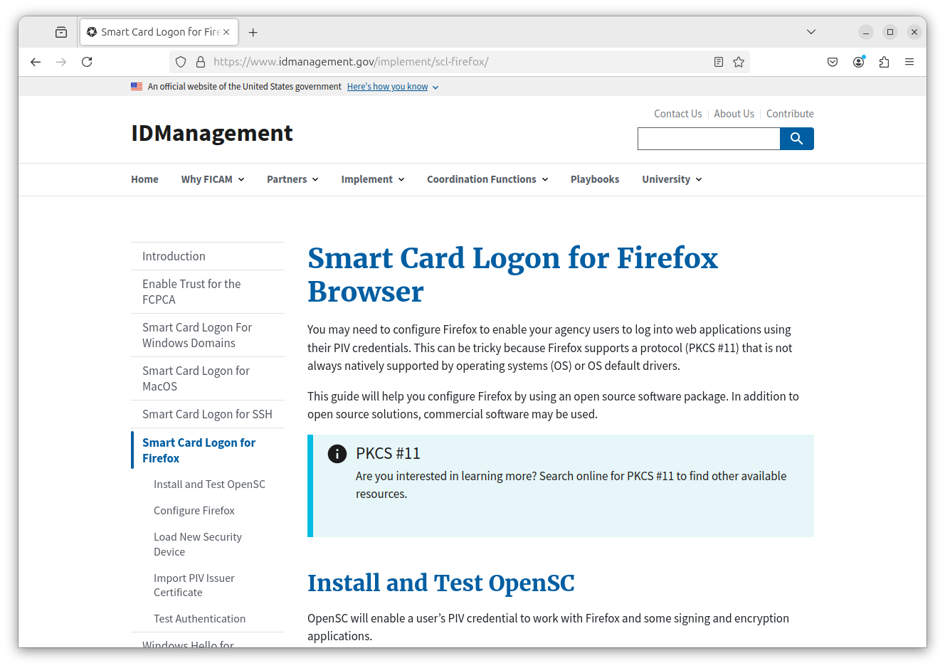 a screenshot of firefox with the idmanagement.gov webpage for smart card logon configuration open