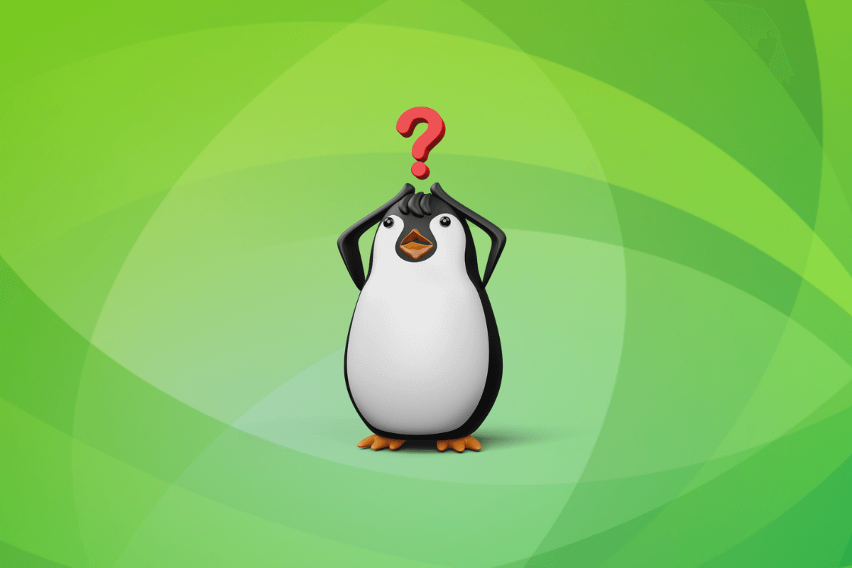 an illustration that shows a penguin or the mascot of linux, tux standing surprised with a question mark above its head against a mixed green abstract background