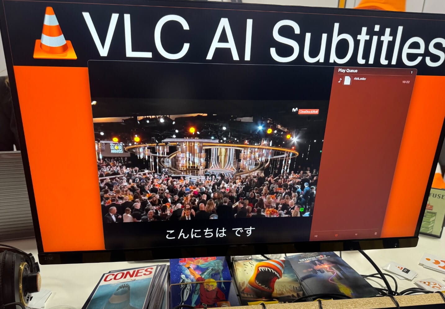 a photo of vlc running on a computer showing automatically generated subtitles in japanese