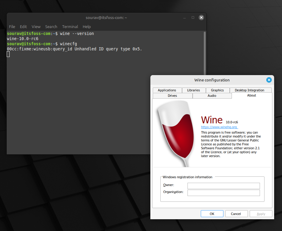 a screenshot of wine 10.0-rc6 running on linux mint 22 with the terminal and wine configuration windows open