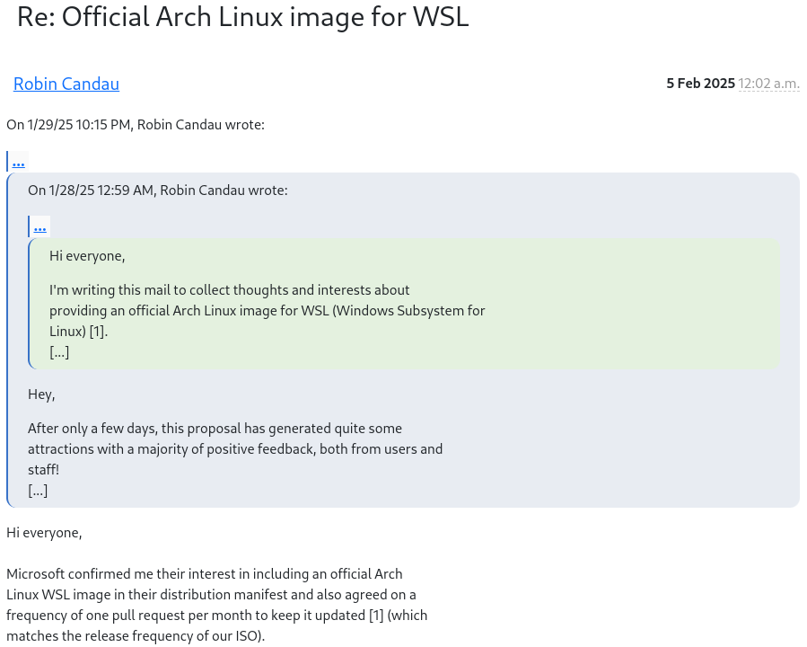 there is a thread on the arch linux mailing lists titled official arch linux image for wsl, followed by some text below