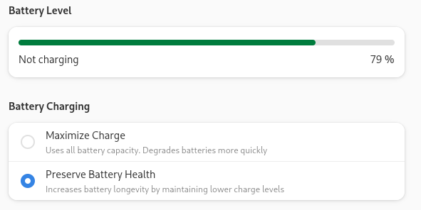 a small snippet where the battery level and battery charging configuration is shown