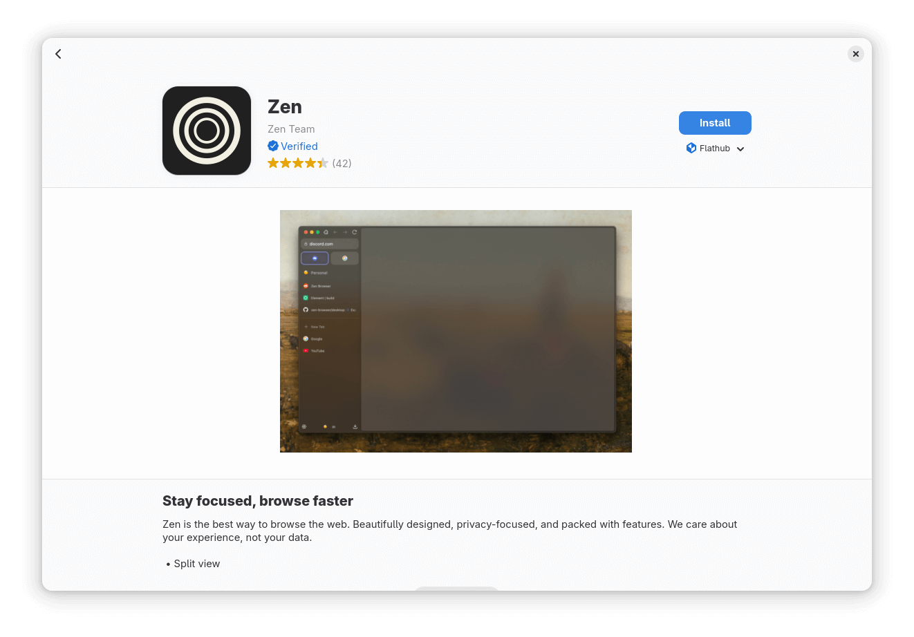 a screenshot of gnome software showing the page for zen browser