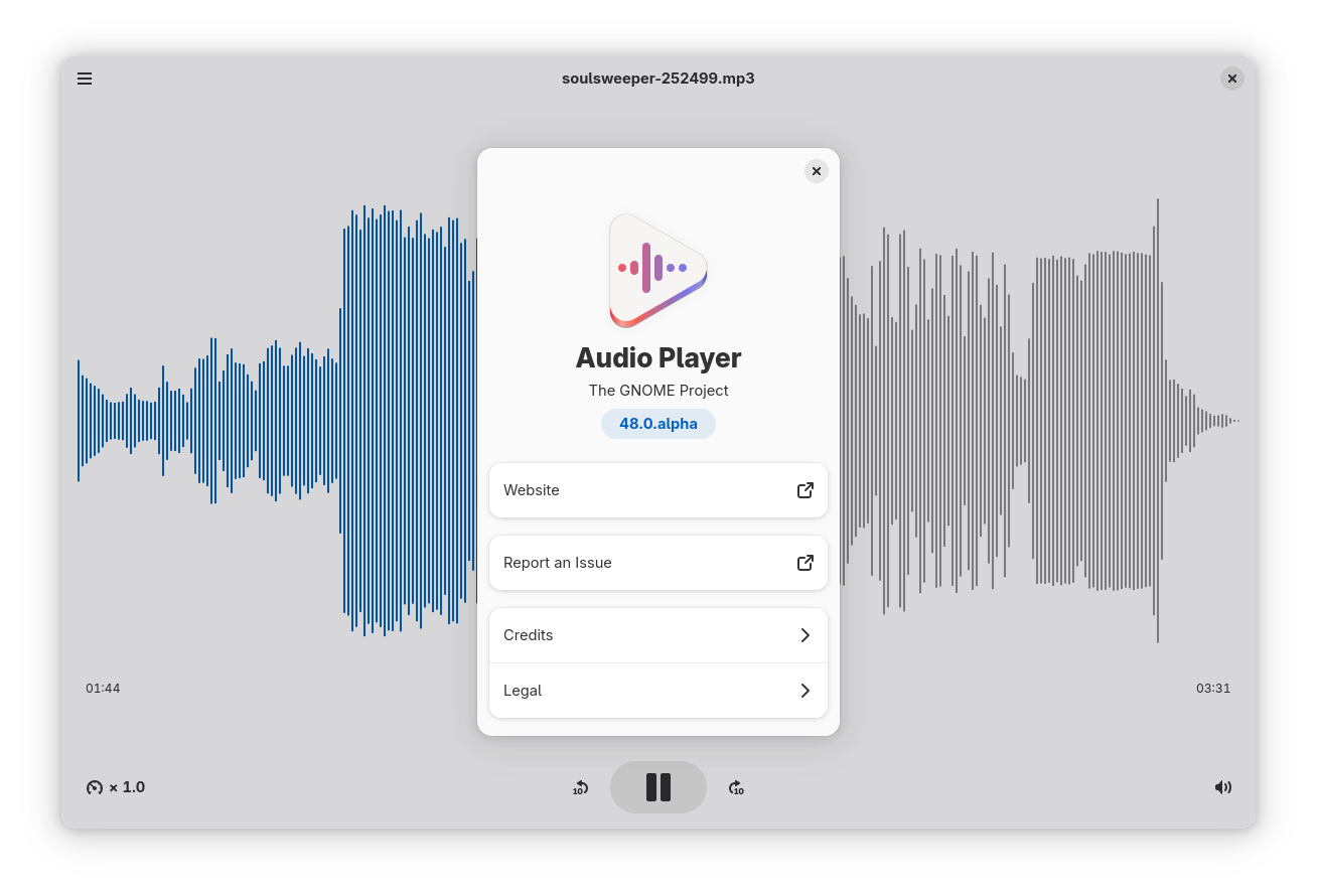 decibels running under the audio player name on a gnome 48 test system powered by gnome os nightly