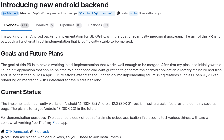 a screenshot of the merge request for introducing a new android backend in gtk