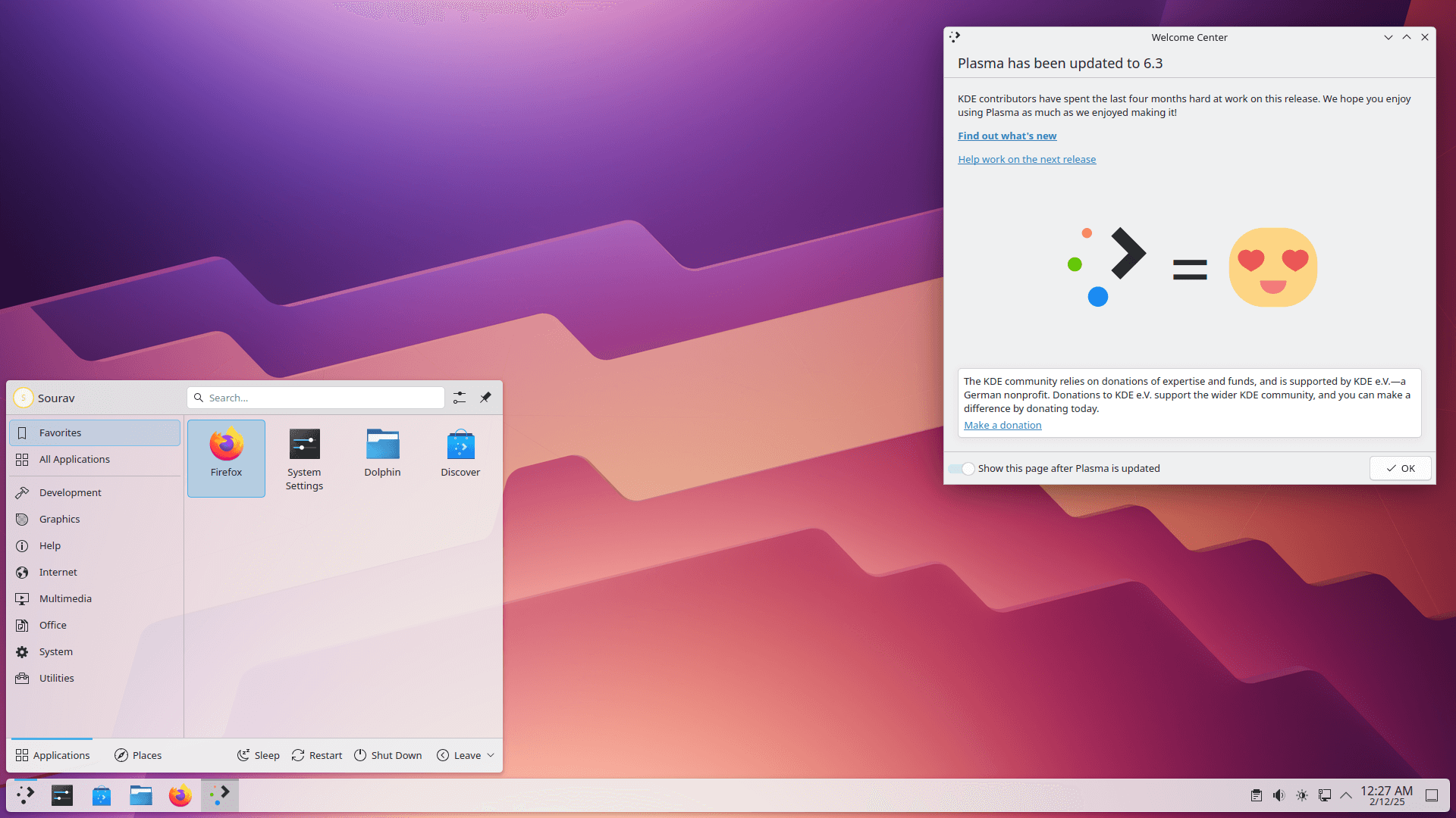 the desktop view of kde plasma 6.3 with the app launcher and welcome center open with the new nuvole wallpaper in the background