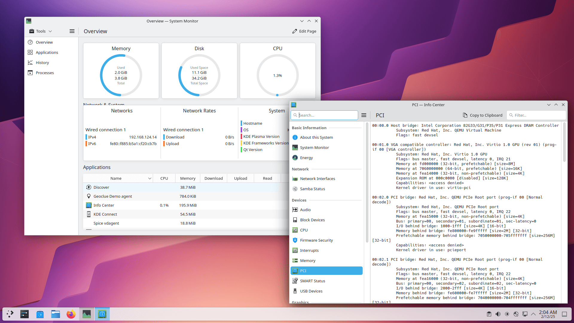 two kde plasma apps, the system monitor and the info center are in the foreground