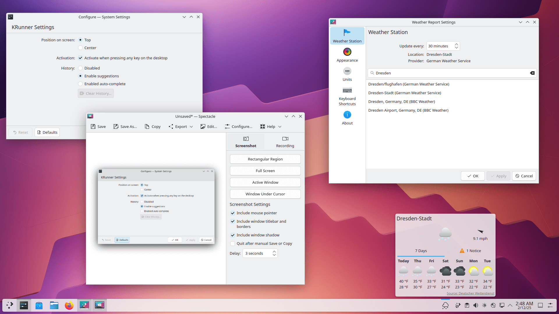 a screenshot that shows kde plasma 6.3 krunner settings, the spectacle utility, weather report widget settings, and finally the weather report widget open at the lower-right