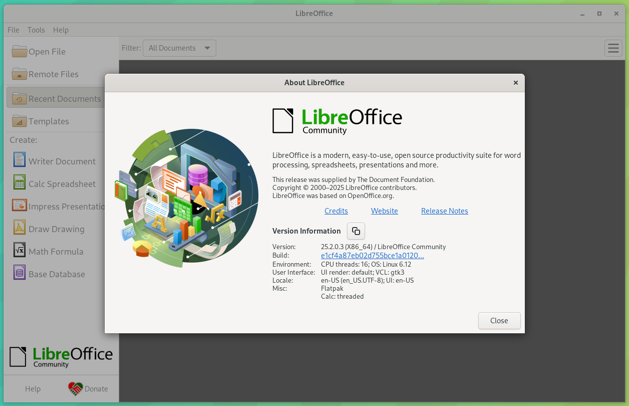 a screenshot that shows the about dialog for libreoffice 25.2 being open on a linux 6.12 powered computer