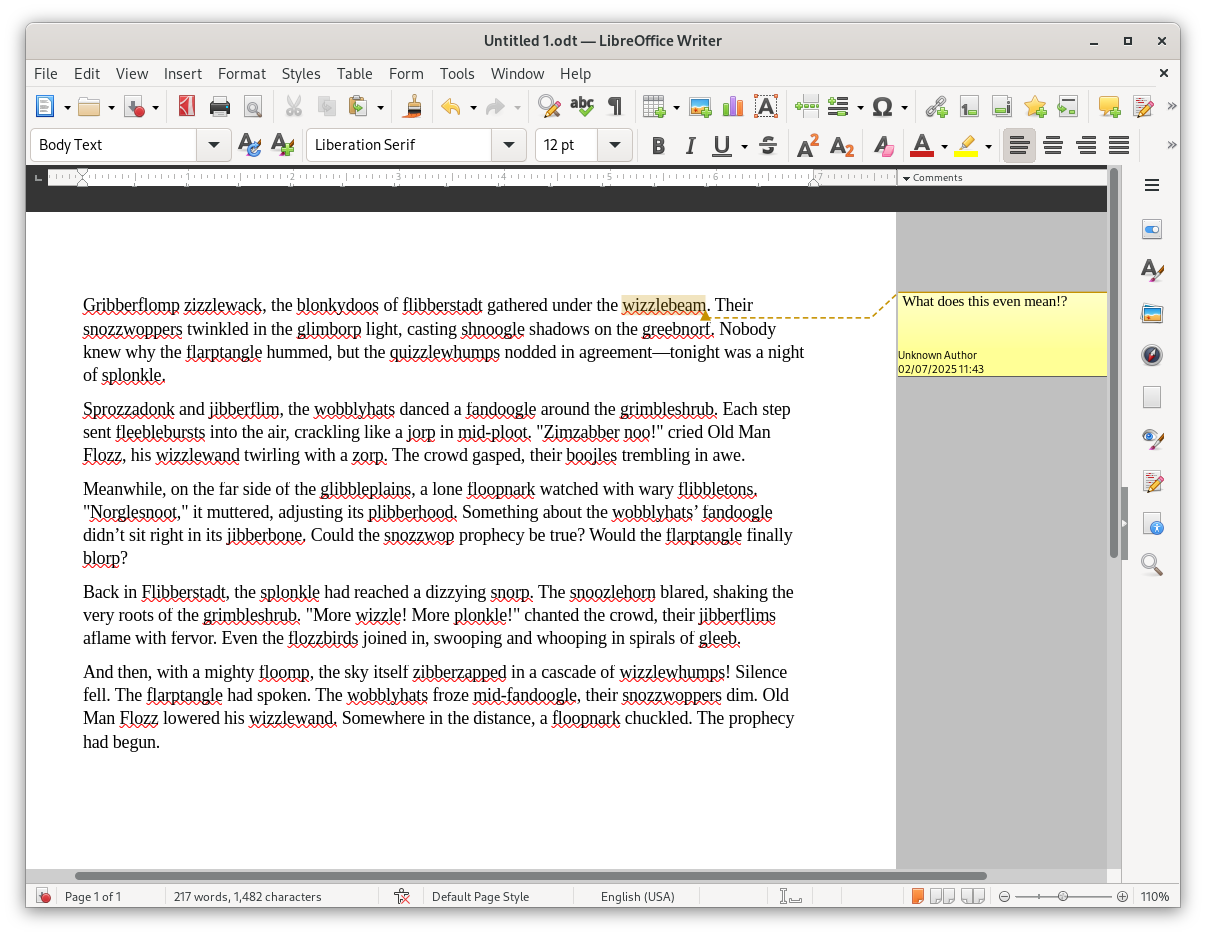 libreoffice 25.2's writer app with five paragraphs of gibberish text with a comment one one of the words being shown towards the right-hand side