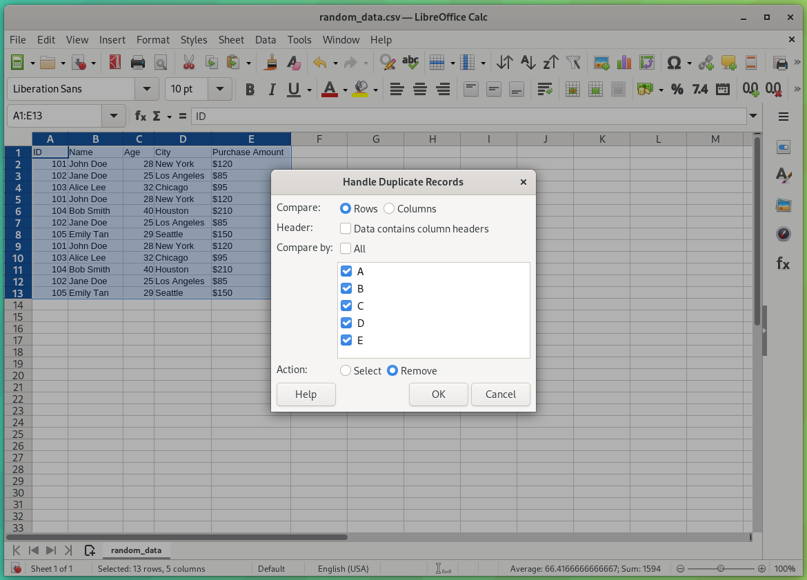 there is a handle duplicate records dialog open on libreoffice 25.2 calc app