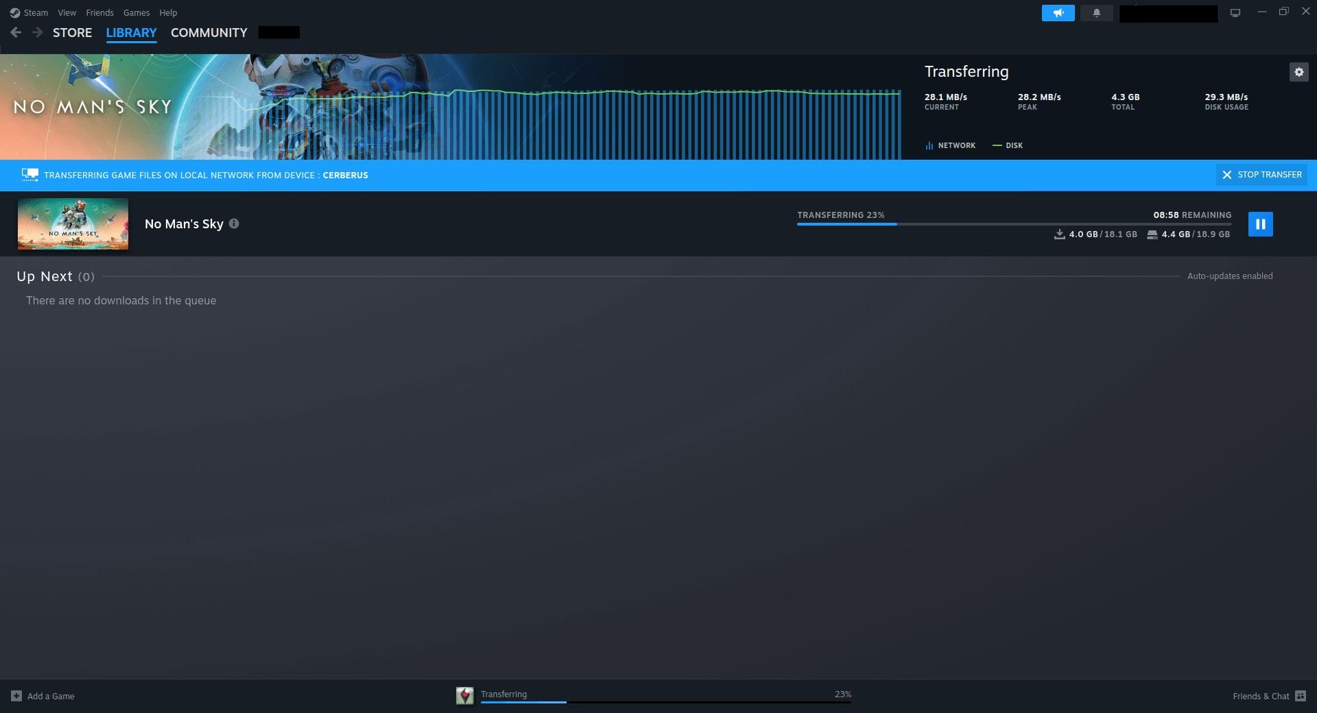 local game file transfer happening from windows to linux on the same network via steam client