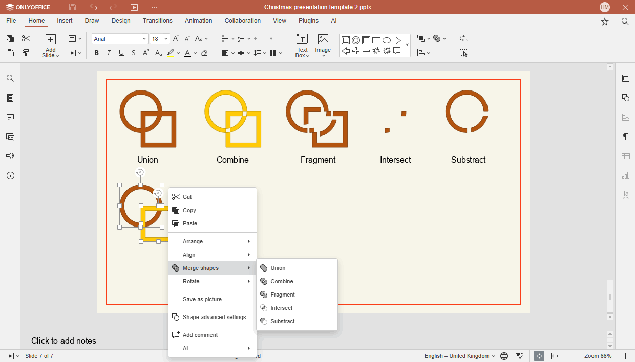 a screenshot of the new merge shapes feature of onlyoffice docs 8.3 in action on presnetations