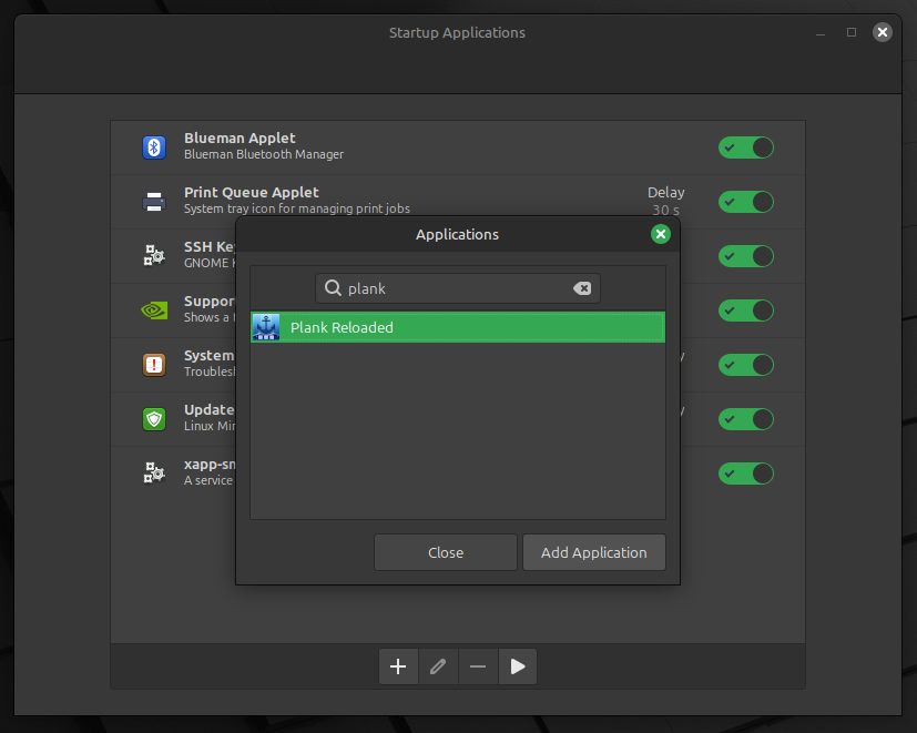 a screenshot that shows the configuration window for setting plank reloaded as a startup application on linux mint 22.1