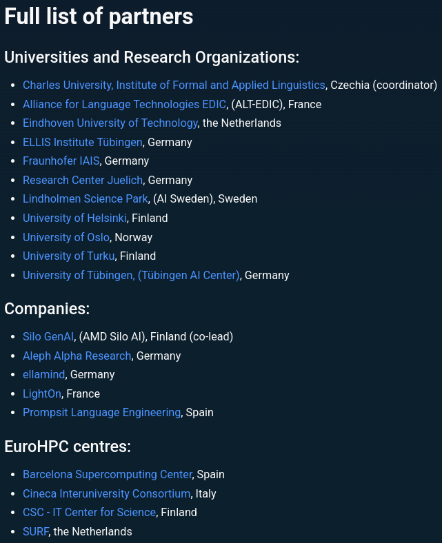 a list of partners who will be working on the open euro llm initiative that includes many organizations from eu nations