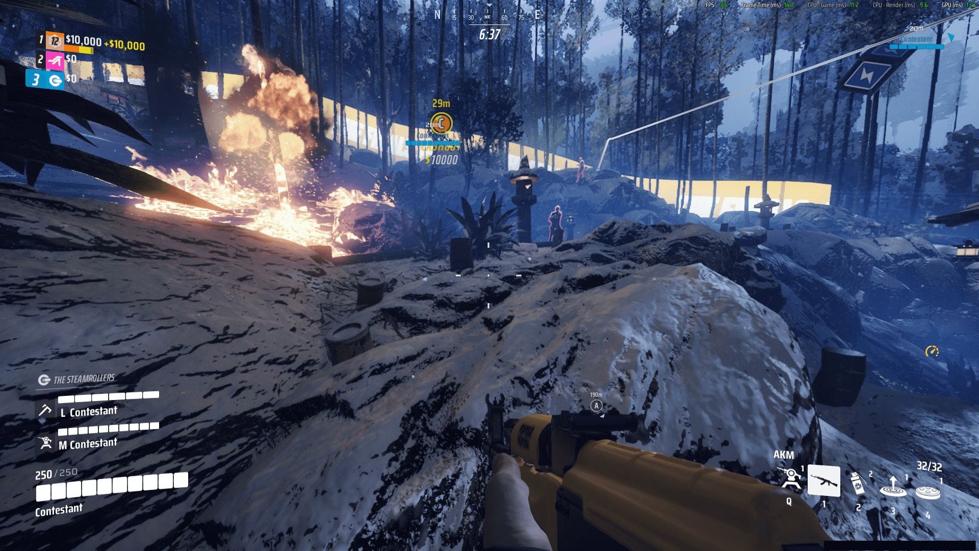 this is a screenshot of the finals where the player is running towards enemies with a yellow colored weapon out, and there are many enemies out and about in a frosty landscape with rocky terrain and tall trees